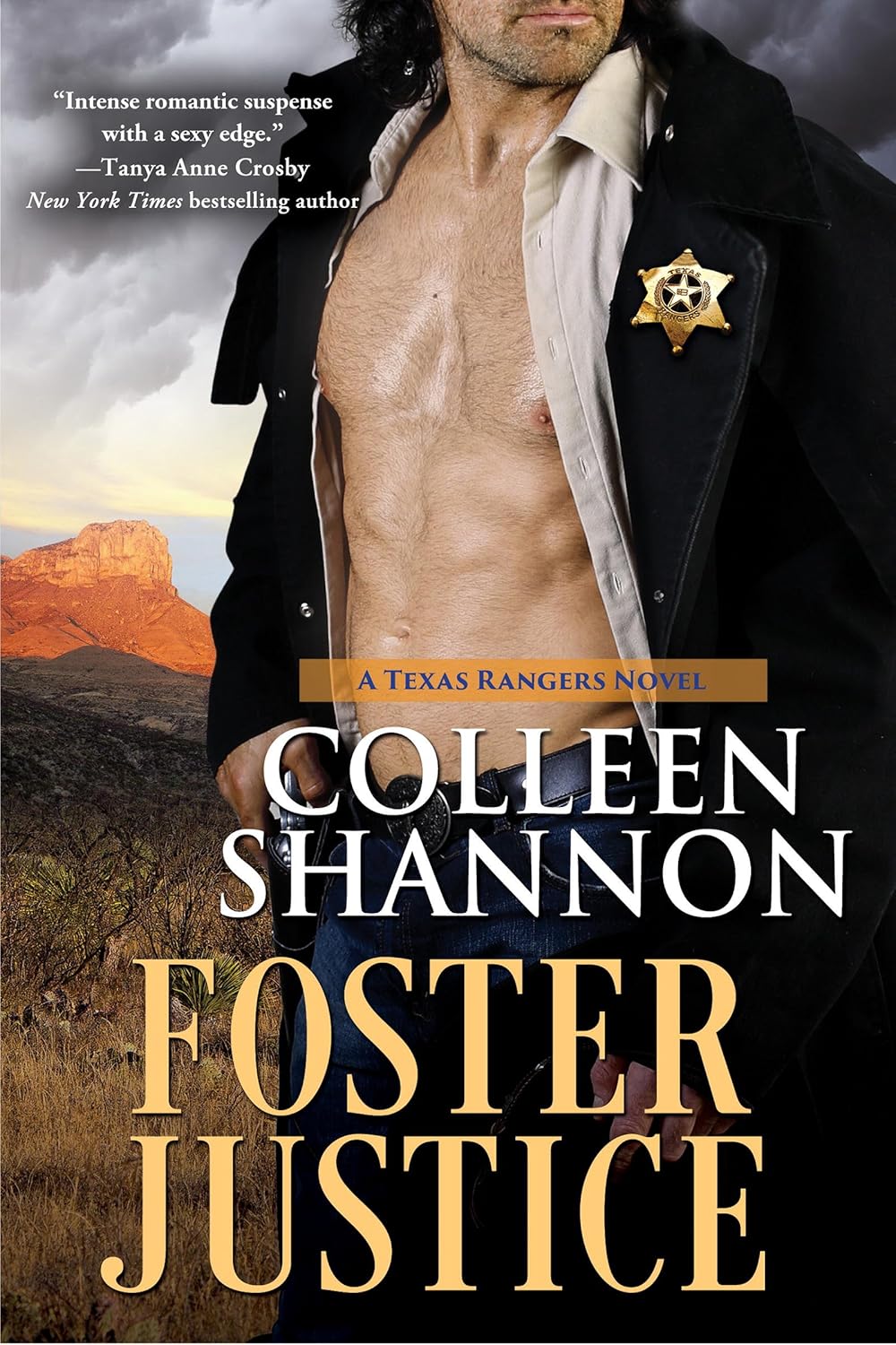 Shirtless Texas ranger wearing badge and coat