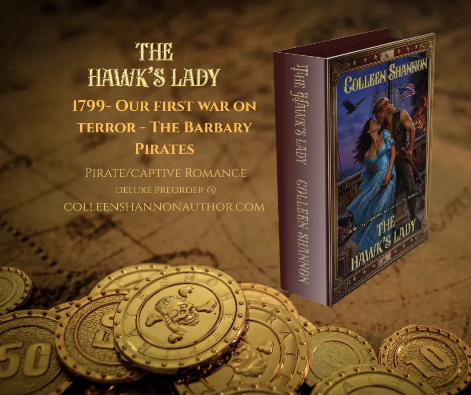 Image of pirate coins and the hardcover of The Hawk's Lady by Colleen Shannon