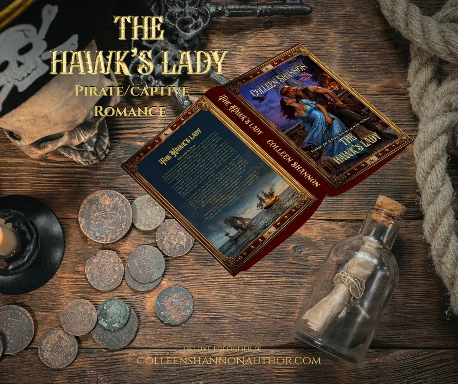 Image of pirate coins and the hardcover edition of The Hawk's Lady by Colleen Shannon